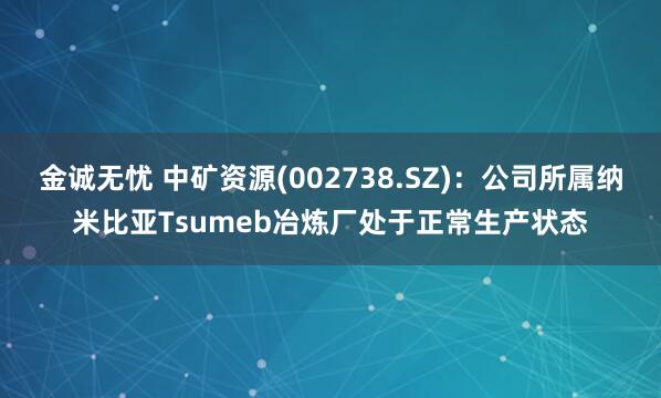 金诚无忧 中矿资源(002738.SZ)：公司所属纳米比亚Tsumeb冶炼厂处于正常生产状态